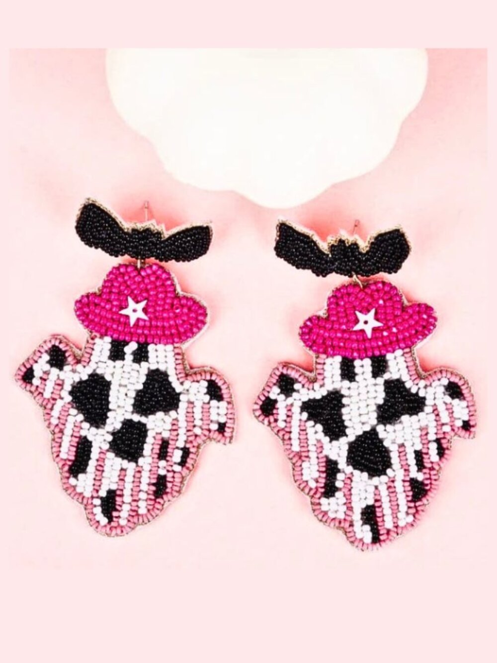 Cowgirl Cow Print Pink Western Ghost Bat Halloween Theme Beaded Earrings